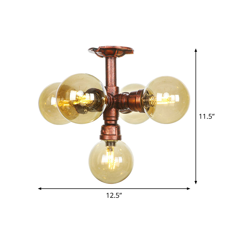 Farmhouse Global Semi Mount Lighting 4/5/6-Light Amber Glass LED Flush Lamp Fixture in Copper Clearhalo 'Ceiling Lights' 'Close To Ceiling Lights' 'Close to ceiling' 'Glass shade' 'Glass' 'Pendant Lights' 'Semi-flushmount' Lighting' 756851