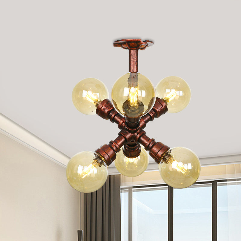 Farmhouse Global Semi Mount Lighting 4/5/6-Light Amber Glass LED Flush Lamp Fixture in Copper Clearhalo 'Ceiling Lights' 'Close To Ceiling Lights' 'Close to ceiling' 'Glass shade' 'Glass' 'Pendant Lights' 'Semi-flushmount' Lighting' 756853