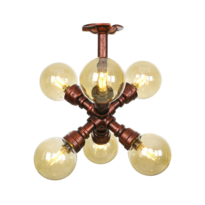 Farmhouse Global Semi Mount Lighting 4/5/6-Light Amber Glass LED Flush Lamp Fixture in Copper Clearhalo 'Ceiling Lights' 'Close To Ceiling Lights' 'Close to ceiling' 'Glass shade' 'Glass' 'Pendant Lights' 'Semi-flushmount' Lighting' 756854