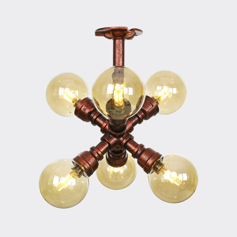 Farmhouse Global Semi Mount Lighting 4/5/6-Light Amber Glass LED Flush Lamp Fixture in Copper Clearhalo 'Ceiling Lights' 'Close To Ceiling Lights' 'Close to ceiling' 'Glass shade' 'Glass' 'Pendant Lights' 'Semi-flushmount' Lighting' 756855