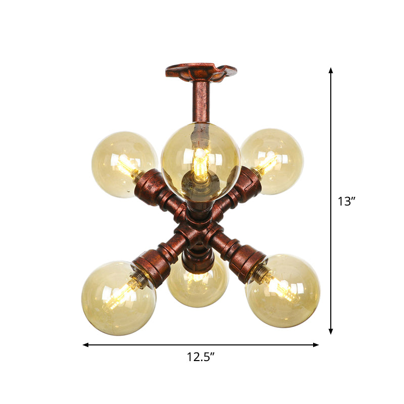 Farmhouse Global Semi Mount Lighting 4/5/6-Light Amber Glass LED Flush Lamp Fixture in Copper Clearhalo 'Ceiling Lights' 'Close To Ceiling Lights' 'Close to ceiling' 'Glass shade' 'Glass' 'Pendant Lights' 'Semi-flushmount' Lighting' 756856