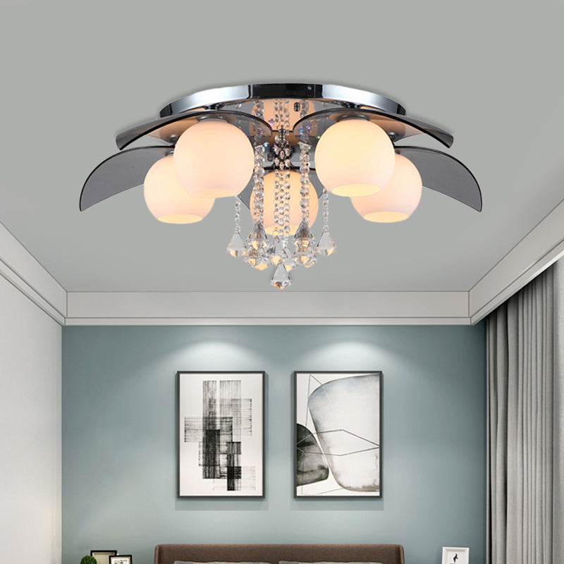 Ball Milk Glass Flush Mounted Lamp Contemporary 5 Lights Hotel Ceiling Fixture with Leaf and Crystal Strand Decor Chrome Clearhalo 'Ceiling Lights' 'Close To Ceiling Lights' 'Close to ceiling' 'Flush mount' Lighting' 756865