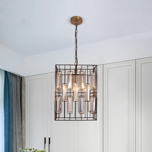 1 Head Squared Wire Cage Pendant Lamp Industrial Brass Iron Hanging Ceiling Light with Inserted Crystals Brass Clearhalo 'Ceiling Lights' 'Modern Pendants' 'Modern' 'Pendant Lights' 'Pendants' Lighting' 756881