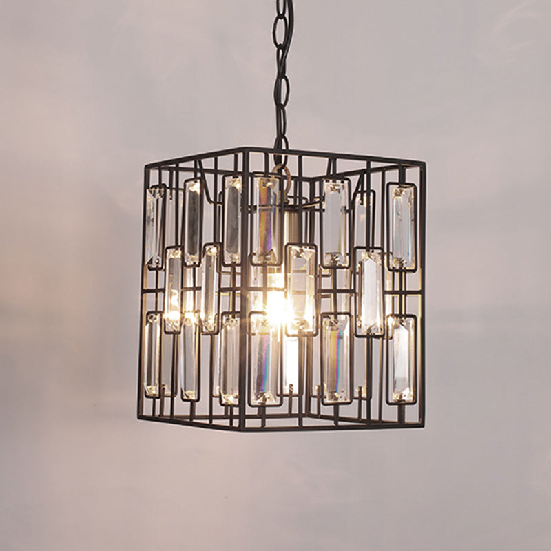 1 Head Squared Wire Cage Pendant Lamp Industrial Brass Iron Hanging Ceiling Light with Inserted Crystals Clearhalo 'Ceiling Lights' 'Modern Pendants' 'Modern' 'Pendant Lights' 'Pendants' Lighting' 756883