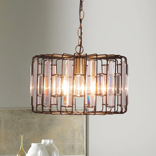 Crystal Embedded Brass Hanging Light Drum Cage 11"/13" Wide 1-Light Rustic Ceiling Pendant for Living Room Brass 13" Clearhalo 'Ceiling Lights' 'Modern Pendants' 'Modern' 'Pendant Lights' 'Pendants' Lighting' 756889