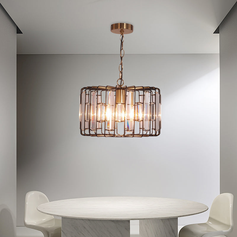 Crystal Embedded Brass Hanging Light Drum Cage 11"/13" Wide 1-Light Rustic Ceiling Pendant for Living Room Clearhalo 'Ceiling Lights' 'Modern Pendants' 'Modern' 'Pendant Lights' 'Pendants' Lighting' 756891