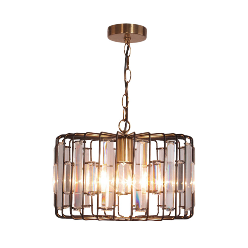 Crystal Embedded Brass Hanging Light Drum Cage 11"/13" Wide 1-Light Rustic Ceiling Pendant for Living Room Clearhalo 'Ceiling Lights' 'Modern Pendants' 'Modern' 'Pendant Lights' 'Pendants' Lighting' 756892