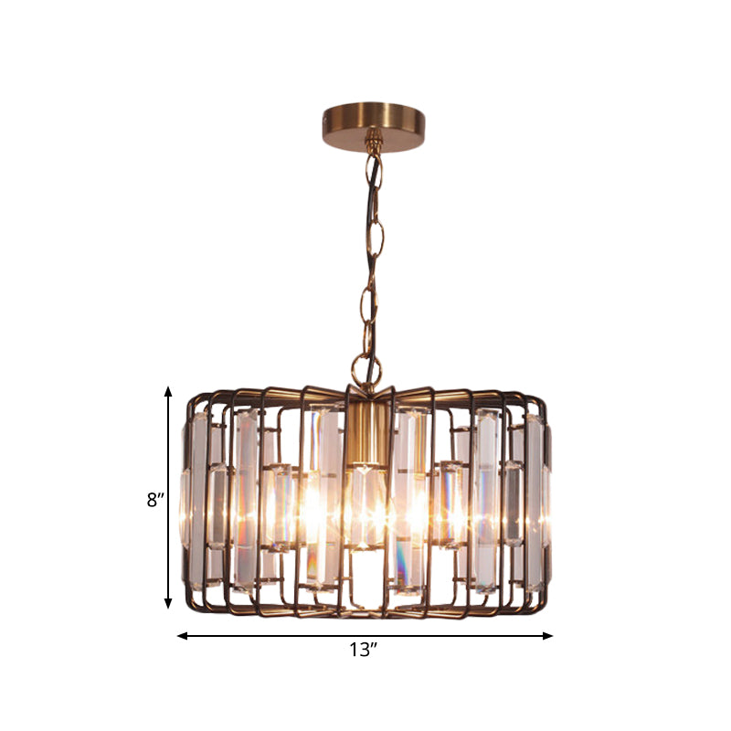 Crystal Embedded Brass Hanging Light Drum Cage 11"/13" Wide 1-Light Rustic Ceiling Pendant for Living Room Clearhalo 'Ceiling Lights' 'Modern Pendants' 'Modern' 'Pendant Lights' 'Pendants' Lighting' 756893