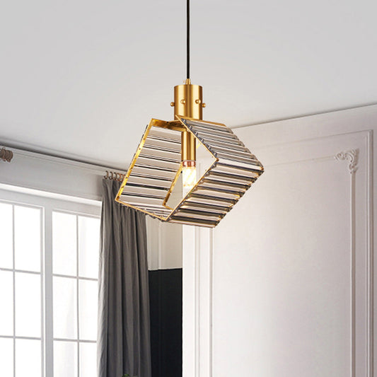 4-Side Prismatic Crystal Suspension Lamp Mid Century Single Bulb Dining Table Pendant Lighting Fixture in Brass Brass Clearhalo 'Ceiling Lights' 'Modern Pendants' 'Modern' 'Pendant Lights' 'Pendants' Lighting' 756894