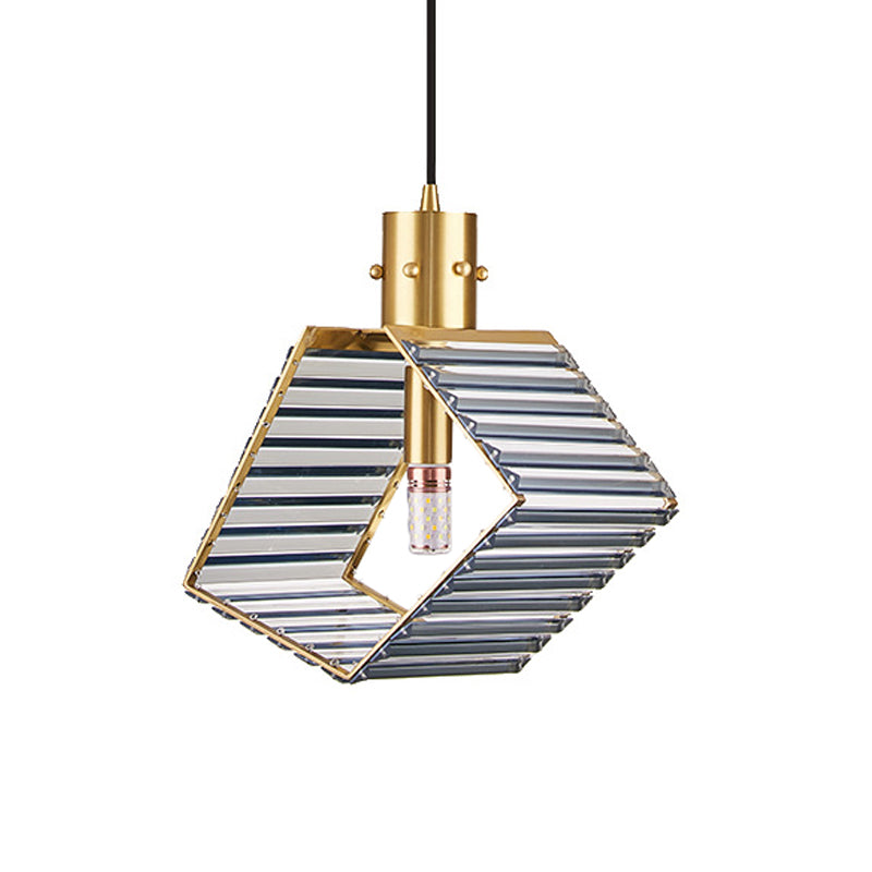 4-Side Prismatic Crystal Suspension Lamp Mid Century Single Bulb Dining Table Pendant Lighting Fixture in Brass Clearhalo 'Ceiling Lights' 'Modern Pendants' 'Modern' 'Pendant Lights' 'Pendants' Lighting' 756895