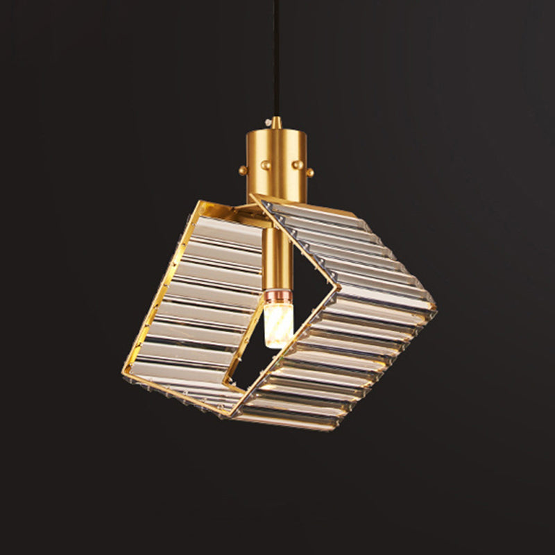 4-Side Prismatic Crystal Suspension Lamp Mid Century Single Bulb Dining Table Pendant Lighting Fixture in Brass Clearhalo 'Ceiling Lights' 'Modern Pendants' 'Modern' 'Pendant Lights' 'Pendants' Lighting' 756896