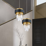 Retro Layered Hanging Lamp 1 Bulb Crystal Rod Suspension Lighting with Black and Gold Circle Guard Black-Gold Clearhalo 'Ceiling Lights' 'Modern Pendants' 'Modern' 'Pendant Lights' 'Pendants' Lighting' 756902