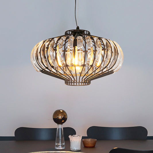 1 Light Hanging Pendant Clear Crystal Vintage Lounge Ceiling Lamp with Lantern Shade in Black Black Clearhalo 'Ceiling Lights' 'Modern Pendants' 'Modern' 'Pendant Lights' 'Pendants' Lighting' 756906