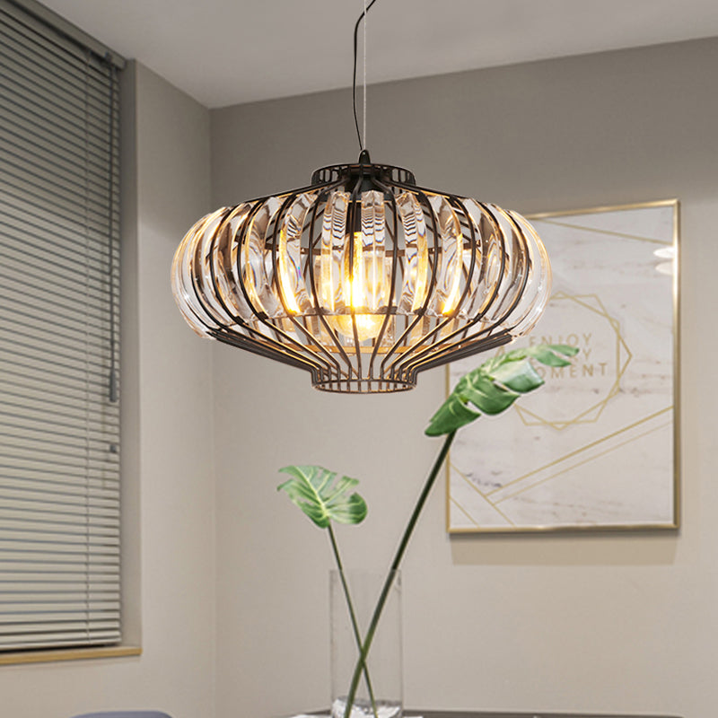 1 Light Hanging Pendant Clear Crystal Vintage Lounge Ceiling Lamp with Lantern Shade in Black Clearhalo 'Ceiling Lights' 'Modern Pendants' 'Modern' 'Pendant Lights' 'Pendants' Lighting' 756907