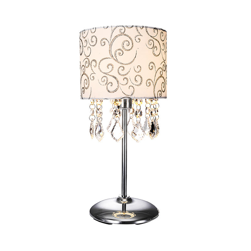 Cylindrical Fabric Night Lamp Modern Stylish 1-Light Bedroom Table Light in Nickel with Swirl Pattern and Crystal Drape Clearhalo 'Lamps' 'Table Lamps' Lighting' 756936