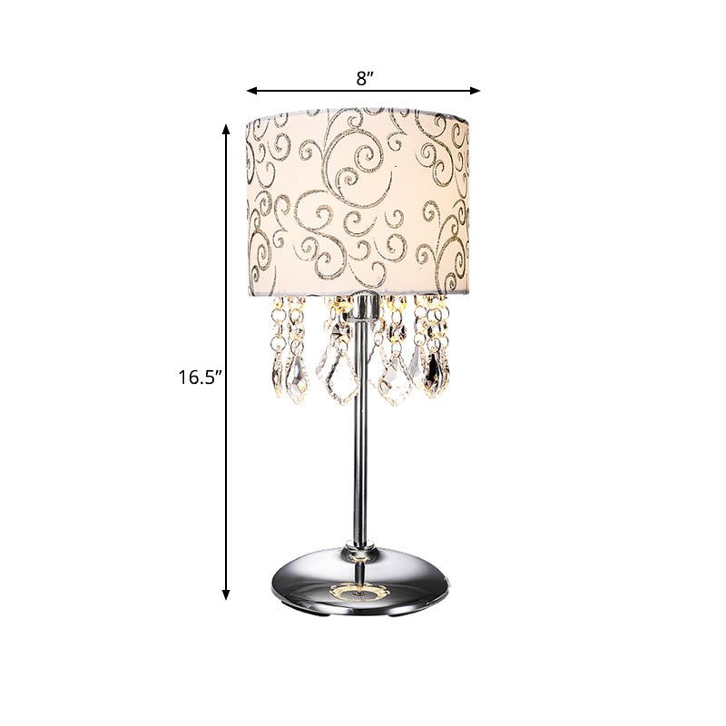 Cylindrical Fabric Night Lamp Modern Stylish 1-Light Bedroom Table Light in Nickel with Swirl Pattern and Crystal Drape Clearhalo 'Lamps' 'Table Lamps' Lighting' 756937