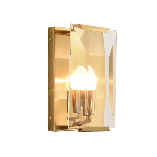 Mid Century Rectangle Wall Sconce 1-Light Metal Wall Mounted Fixture in Brass with Trapezoid Clear/Seedy Crystal Shield Clearhalo 'Cast Iron' 'Glass' 'Industrial' 'Modern wall lights' 'Modern' 'Tiffany' 'Traditional wall lights' 'Wall Lamps & Sconces' 'Wall Lights' Lighting' 756947