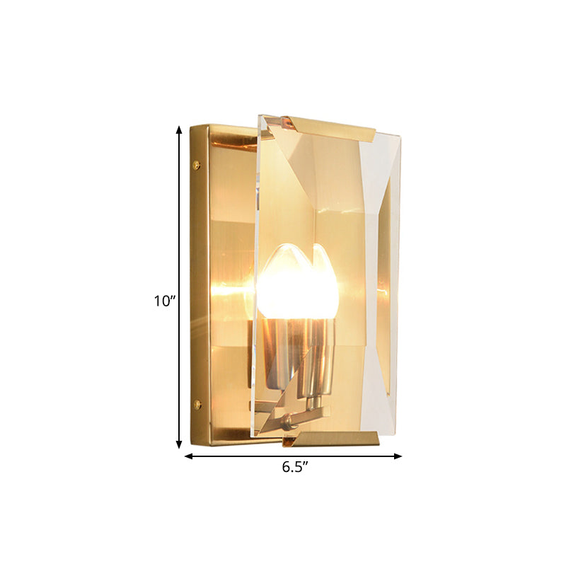Mid Century Rectangle Wall Sconce 1-Light Metal Wall Mounted Fixture in Brass with Trapezoid Clear/Seedy Crystal Shield Clearhalo 'Cast Iron' 'Glass' 'Industrial' 'Modern wall lights' 'Modern' 'Tiffany' 'Traditional wall lights' 'Wall Lamps & Sconces' 'Wall Lights' Lighting' 756949
