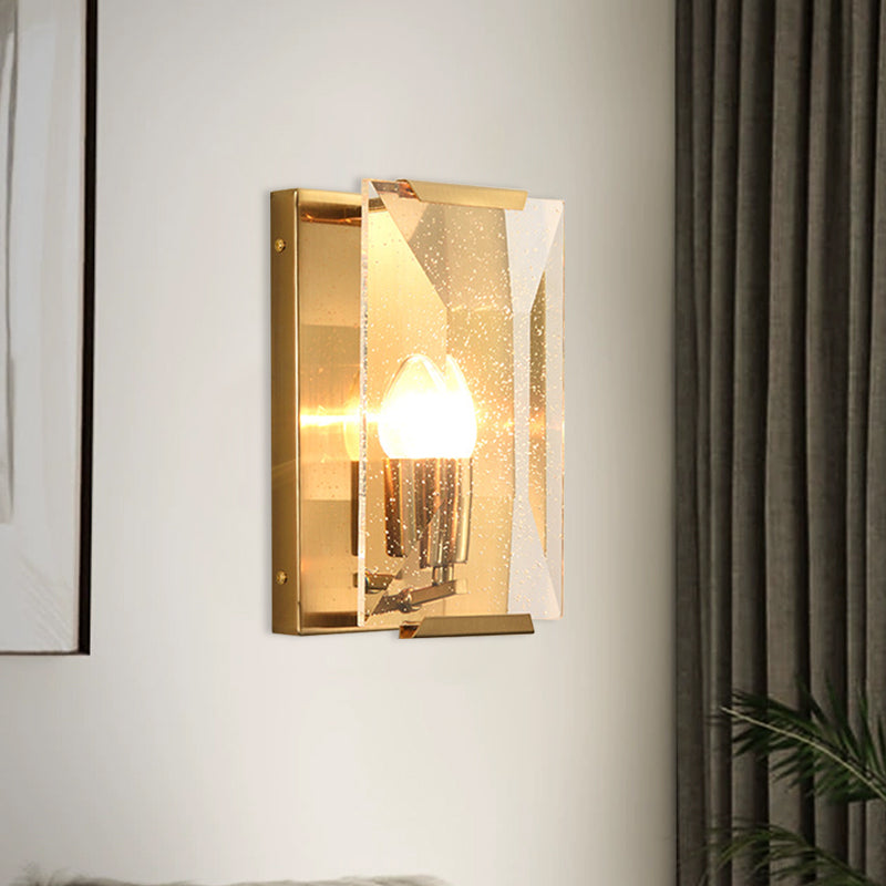 Mid Century Rectangle Wall Sconce 1-Light Metal Wall Mounted Fixture in Brass with Trapezoid Clear/Seedy Crystal Shield Brass B Clearhalo 'Cast Iron' 'Glass' 'Industrial' 'Modern wall lights' 'Modern' 'Tiffany' 'Traditional wall lights' 'Wall Lamps & Sconces' 'Wall Lights' Lighting' 756950