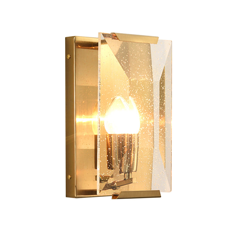 Mid Century Rectangle Wall Sconce 1-Light Metal Wall Mounted Fixture in Brass with Trapezoid Clear/Seedy Crystal Shield Clearhalo 'Cast Iron' 'Glass' 'Industrial' 'Modern wall lights' 'Modern' 'Tiffany' 'Traditional wall lights' 'Wall Lamps & Sconces' 'Wall Lights' Lighting' 756952