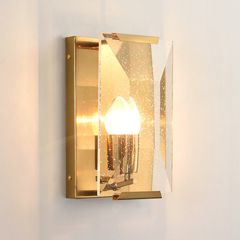 Mid Century Rectangle Wall Sconce 1-Light Metal Wall Mounted Fixture in Brass with Trapezoid Clear/Seedy Crystal Shield Clearhalo 'Cast Iron' 'Glass' 'Industrial' 'Modern wall lights' 'Modern' 'Tiffany' 'Traditional wall lights' 'Wall Lamps & Sconces' 'Wall Lights' Lighting' 756953
