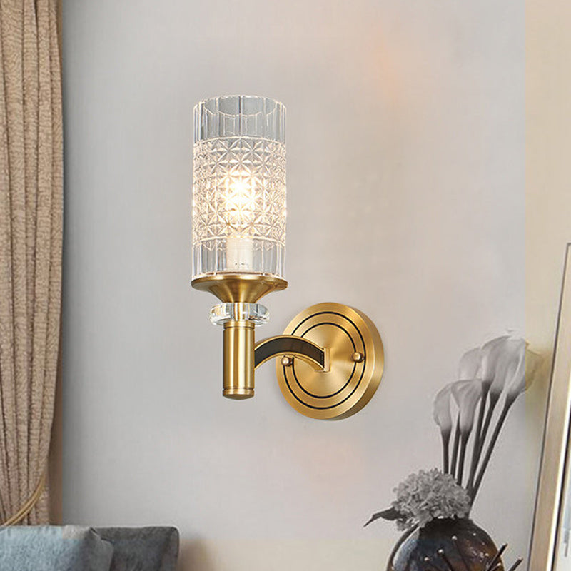 1/2-Head Gridded Crystal Wall Light Retro Brass Cylindrical Living Room Sconce Lighting 1.0 Brass Clearhalo 'Cast Iron' 'Glass' 'Industrial' 'Modern wall lights' 'Modern' 'Tiffany' 'Traditional wall lights' 'Wall Lamps & Sconces' 'Wall Lights' Lighting' 756954