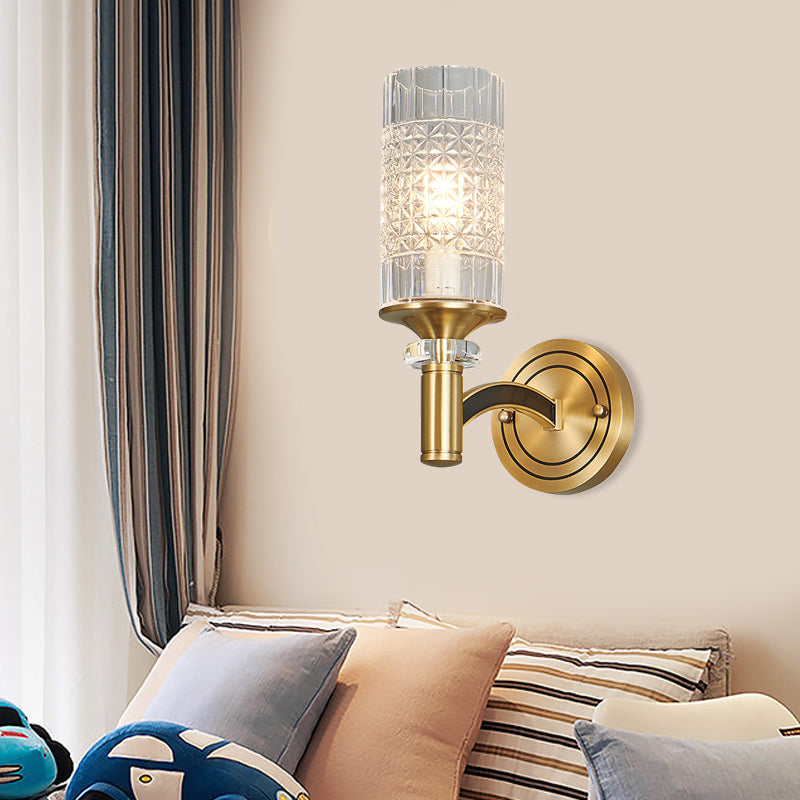1/2-Head Gridded Crystal Wall Light Retro Brass Cylindrical Living Room Sconce Lighting Clearhalo 'Cast Iron' 'Glass' 'Industrial' 'Modern wall lights' 'Modern' 'Tiffany' 'Traditional wall lights' 'Wall Lamps & Sconces' 'Wall Lights' Lighting' 756955