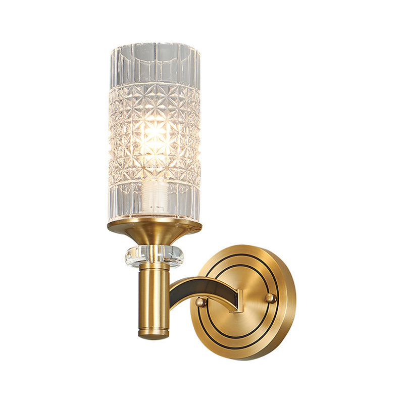 1/2-Head Gridded Crystal Wall Light Retro Brass Cylindrical Living Room Sconce Lighting Clearhalo 'Cast Iron' 'Glass' 'Industrial' 'Modern wall lights' 'Modern' 'Tiffany' 'Traditional wall lights' 'Wall Lamps & Sconces' 'Wall Lights' Lighting' 756956