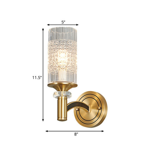1/2-Head Gridded Crystal Wall Light Retro Brass Cylindrical Living Room Sconce Lighting Clearhalo 'Cast Iron' 'Glass' 'Industrial' 'Modern wall lights' 'Modern' 'Tiffany' 'Traditional wall lights' 'Wall Lamps & Sconces' 'Wall Lights' Lighting' 756957