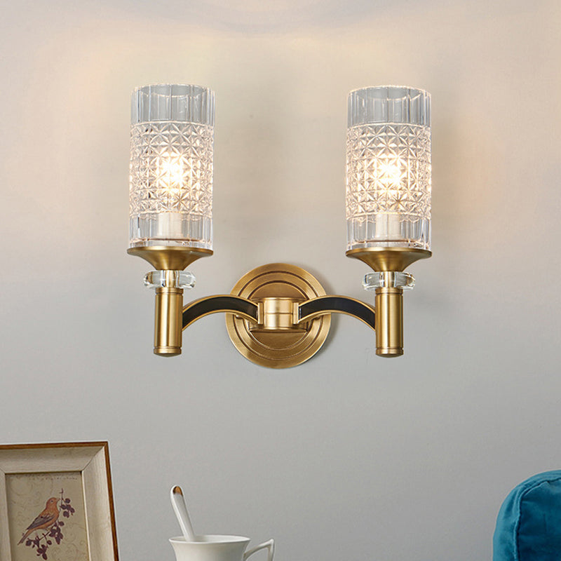 1/2-Head Gridded Crystal Wall Light Retro Brass Cylindrical Living Room Sconce Lighting 2.0 Brass Clearhalo 'Cast Iron' 'Glass' 'Industrial' 'Modern wall lights' 'Modern' 'Tiffany' 'Traditional wall lights' 'Wall Lamps & Sconces' 'Wall Lights' Lighting' 756958