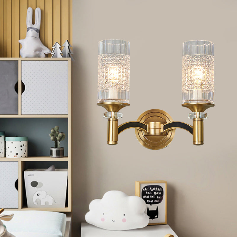 1/2-Head Gridded Crystal Wall Light Retro Brass Cylindrical Living Room Sconce Lighting Clearhalo 'Cast Iron' 'Glass' 'Industrial' 'Modern wall lights' 'Modern' 'Tiffany' 'Traditional wall lights' 'Wall Lamps & Sconces' 'Wall Lights' Lighting' 756959