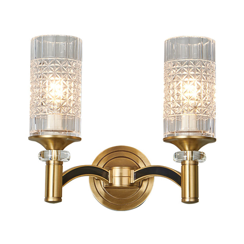 1/2-Head Gridded Crystal Wall Light Retro Brass Cylindrical Living Room Sconce Lighting Clearhalo 'Cast Iron' 'Glass' 'Industrial' 'Modern wall lights' 'Modern' 'Tiffany' 'Traditional wall lights' 'Wall Lamps & Sconces' 'Wall Lights' Lighting' 756960