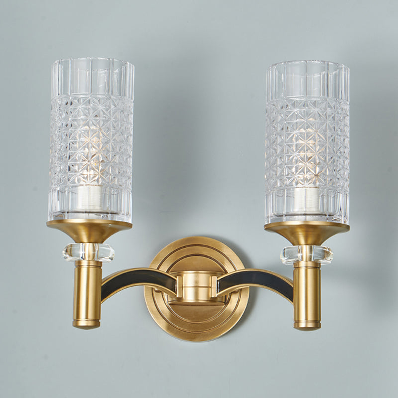 1/2-Head Gridded Crystal Wall Light Retro Brass Cylindrical Living Room Sconce Lighting Clearhalo 'Cast Iron' 'Glass' 'Industrial' 'Modern wall lights' 'Modern' 'Tiffany' 'Traditional wall lights' 'Wall Lamps & Sconces' 'Wall Lights' Lighting' 756961