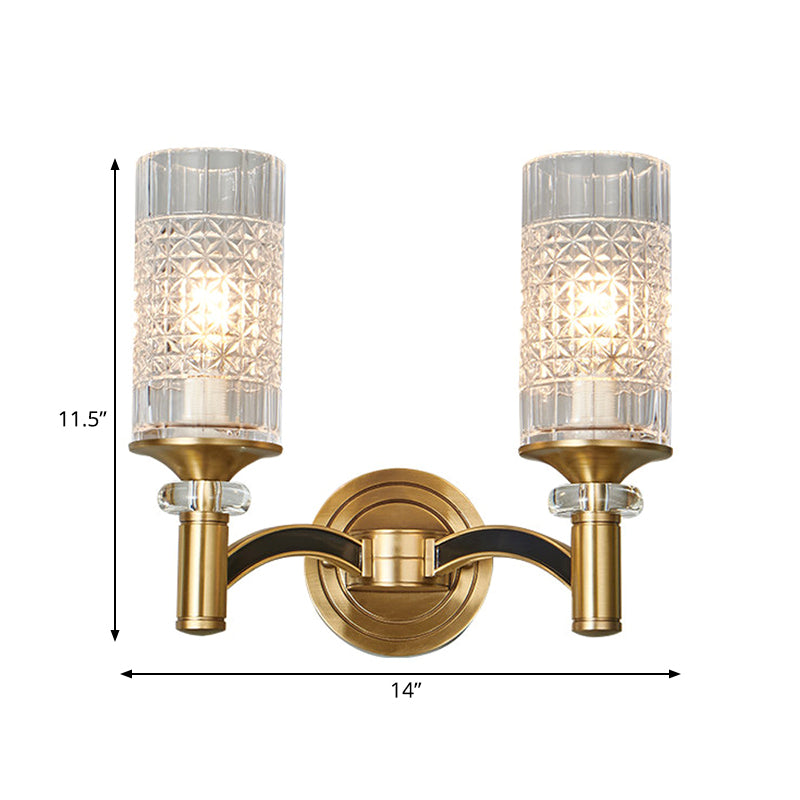 1/2-Head Gridded Crystal Wall Light Retro Brass Cylindrical Living Room Sconce Lighting Clearhalo 'Cast Iron' 'Glass' 'Industrial' 'Modern wall lights' 'Modern' 'Tiffany' 'Traditional wall lights' 'Wall Lamps & Sconces' 'Wall Lights' Lighting' 756962