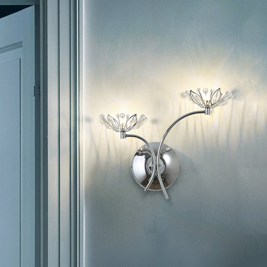 Chrome Flower Wall Mounted Lamp Modern Iron 2 Bulbs Bedside Sconce with Crystal Stamen Chrome Clearhalo 'Cast Iron' 'Glass' 'Industrial' 'Modern wall lights' 'Modern' 'Tiffany' 'Traditional wall lights' 'Wall Lamps & Sconces' 'Wall Lights' Lighting' 756963