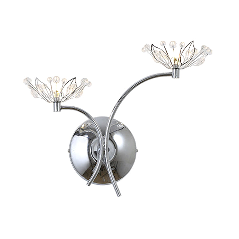 Chrome Flower Wall Mounted Lamp Modern Iron 2 Bulbs Bedside Sconce with Crystal Stamen Clearhalo 'Cast Iron' 'Glass' 'Industrial' 'Modern wall lights' 'Modern' 'Tiffany' 'Traditional wall lights' 'Wall Lamps & Sconces' 'Wall Lights' Lighting' 756965