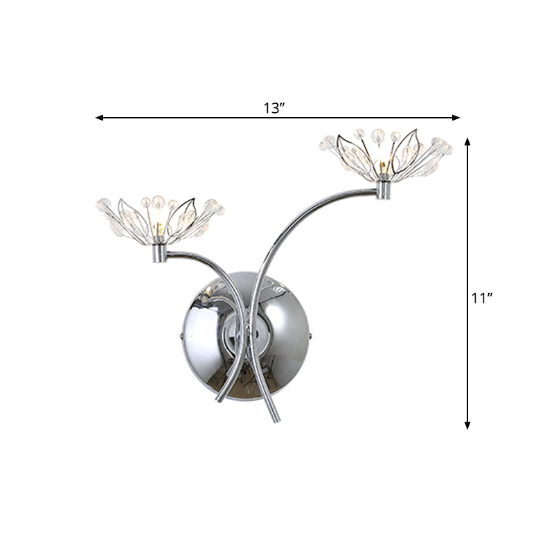 Chrome Flower Wall Mounted Lamp Modern Iron 2 Bulbs Bedside Sconce with Crystal Stamen Clearhalo 'Cast Iron' 'Glass' 'Industrial' 'Modern wall lights' 'Modern' 'Tiffany' 'Traditional wall lights' 'Wall Lamps & Sconces' 'Wall Lights' Lighting' 756966