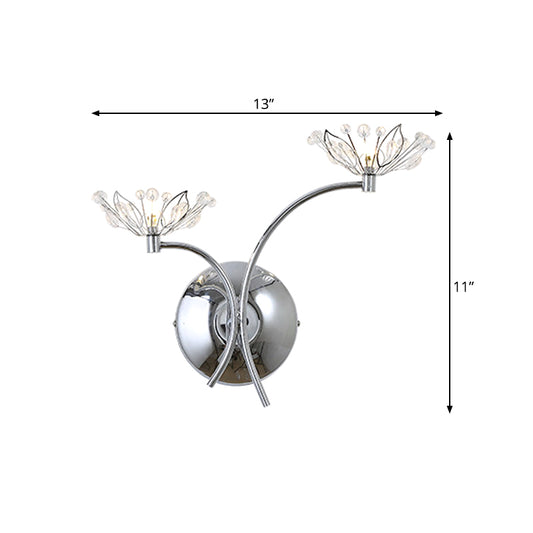 Chrome Flower Wall Mounted Lamp Modern Iron 2 Bulbs Bedside Sconce with Crystal Stamen Clearhalo 'Cast Iron' 'Glass' 'Industrial' 'Modern wall lights' 'Modern' 'Tiffany' 'Traditional wall lights' 'Wall Lamps & Sconces' 'Wall Lights' Lighting' 756966
