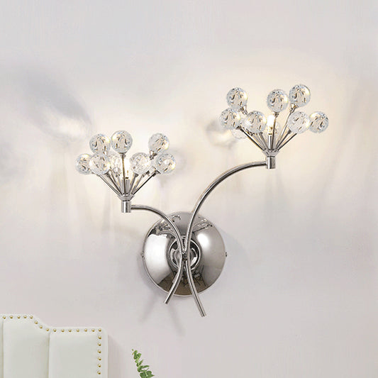 Crystal Orbs Floral Wall Lighting Modern Style 2 Lights Living Room Sconce Light Fixture in Chrome Chrome Clearhalo 'Cast Iron' 'Glass' 'Industrial' 'Modern wall lights' 'Modern' 'Tiffany' 'Traditional wall lights' 'Wall Lamps & Sconces' 'Wall Lights' Lighting' 756967