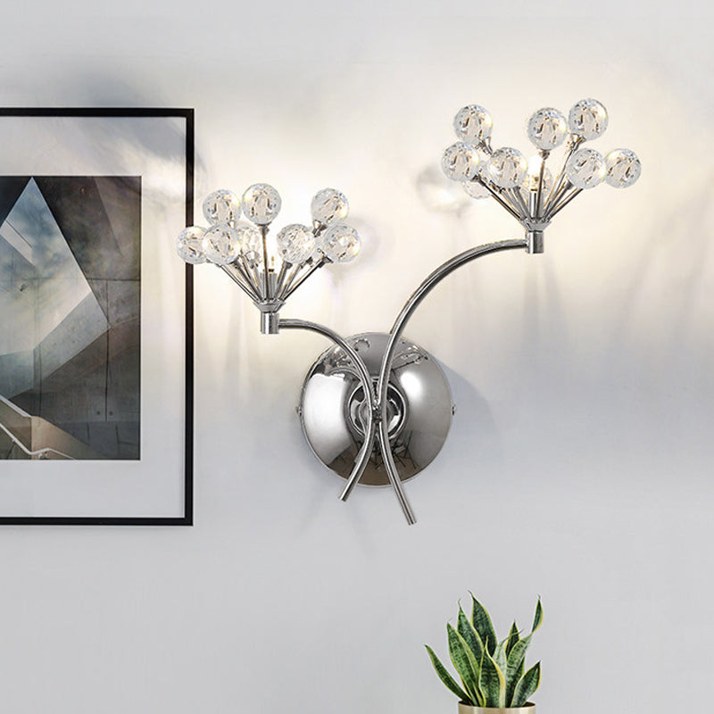 Crystal Orbs Floral Wall Lighting Modern Style 2 Lights Living Room Sconce Light Fixture in Chrome Clearhalo 'Cast Iron' 'Glass' 'Industrial' 'Modern wall lights' 'Modern' 'Tiffany' 'Traditional wall lights' 'Wall Lamps & Sconces' 'Wall Lights' Lighting' 756968