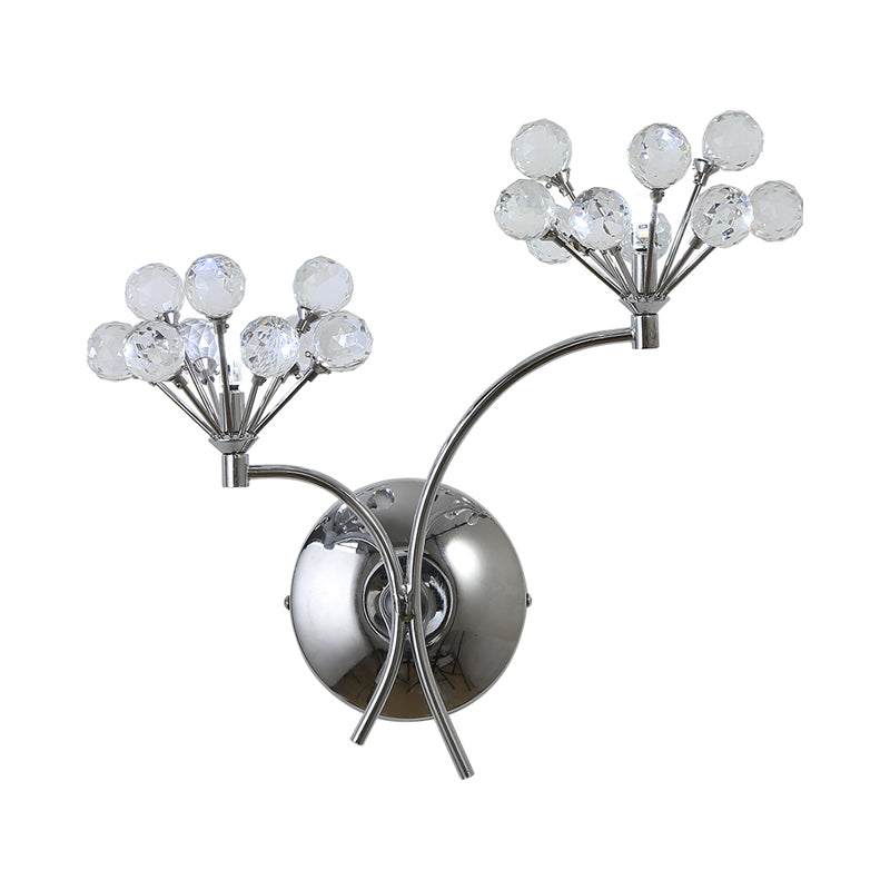 Crystal Orbs Floral Wall Lighting Modern Style 2 Lights Living Room Sconce Light Fixture in Chrome Clearhalo 'Cast Iron' 'Glass' 'Industrial' 'Modern wall lights' 'Modern' 'Tiffany' 'Traditional wall lights' 'Wall Lamps & Sconces' 'Wall Lights' Lighting' 756969