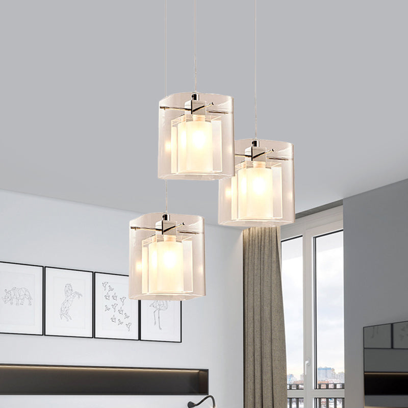 3-Shade Cuboidal Dining Hall Drop Pendant Simplicity Crystal 3 Bulbs Chrome Multi Light Ceiling Light Chrome Clearhalo 'Ceiling Lights' 'Modern Pendants' 'Modern' 'Pendant Lights' 'Pendants' Lighting' 756971