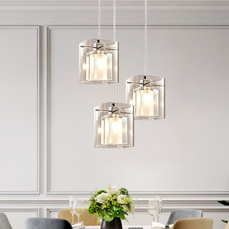 3-Shade Cuboidal Dining Hall Drop Pendant Simplicity Crystal 3 Bulbs Chrome Multi Light Ceiling Light Clearhalo 'Ceiling Lights' 'Modern Pendants' 'Modern' 'Pendant Lights' 'Pendants' Lighting' 756972