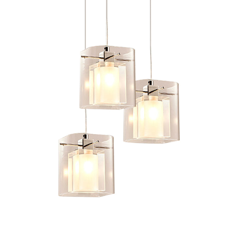 3-Shade Cuboidal Dining Hall Drop Pendant Simplicity Crystal 3 Bulbs Chrome Multi Light Ceiling Light Clearhalo 'Ceiling Lights' 'Modern Pendants' 'Modern' 'Pendant Lights' 'Pendants' Lighting' 756973