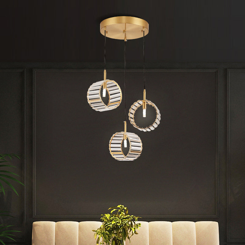 3-Light Cluster Circle Pendant Minimalist Brass Clear Ribbed Crystal Ceiling Hanging Light Brass Clearhalo 'Ceiling Lights' 'Modern Pendants' 'Modern' 'Pendant Lights' 'Pendants' Lighting' 756975