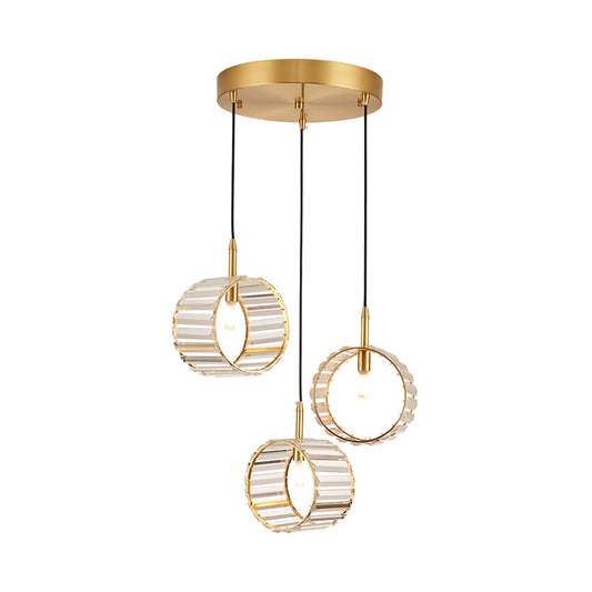 3-Light Cluster Circle Pendant Minimalist Brass Clear Ribbed Crystal Ceiling Hanging Light Clearhalo 'Ceiling Lights' 'Modern Pendants' 'Modern' 'Pendant Lights' 'Pendants' Lighting' 756976