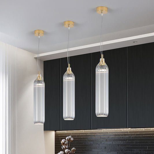 Cylinder Hanging Lighting Vintage Clear/Light Grey Ribbed Glass 1 Light Dining Room LED Pendant Lamp Clear Clearhalo 'Ceiling Lights' 'Close To Ceiling Lights' 'Glass shade' 'Glass' 'Modern Pendants' 'Modern' 'Pendant Lights' 'Pendants' Lighting' 756979