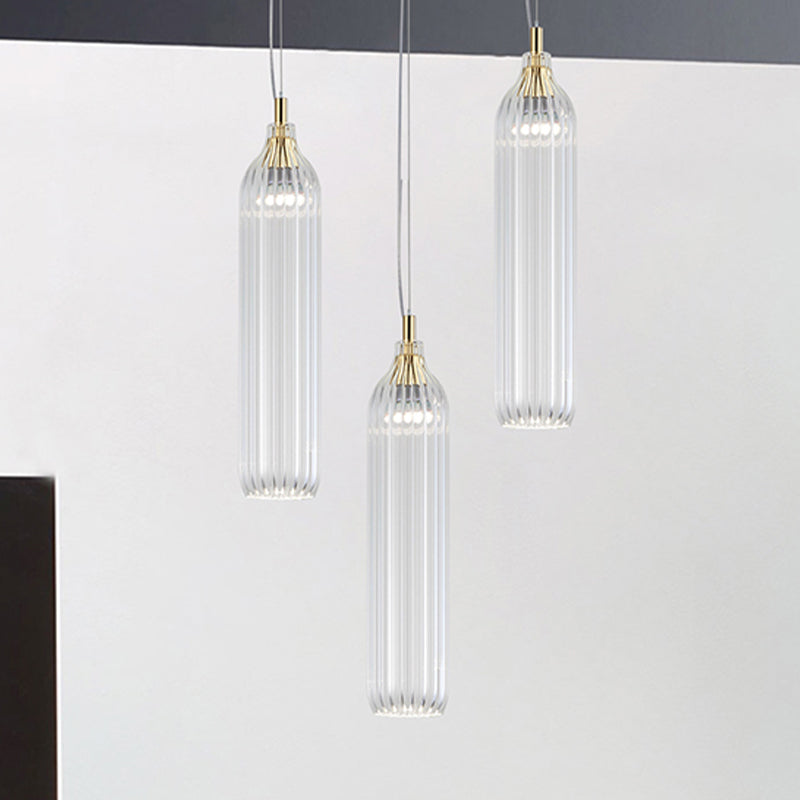 Cylinder Hanging Lighting Vintage Clear/Light Grey Ribbed Glass 1 Light Dining Room LED Pendant Lamp Clearhalo 'Ceiling Lights' 'Close To Ceiling Lights' 'Glass shade' 'Glass' 'Modern Pendants' 'Modern' 'Pendant Lights' 'Pendants' Lighting' 756980