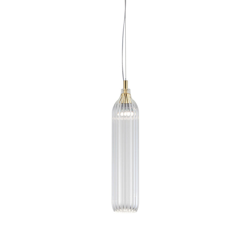 Cylinder Hanging Lighting Vintage Clear/Light Grey Ribbed Glass 1 Light Dining Room LED Pendant Lamp Clearhalo 'Ceiling Lights' 'Close To Ceiling Lights' 'Glass shade' 'Glass' 'Modern Pendants' 'Modern' 'Pendant Lights' 'Pendants' Lighting' 756981