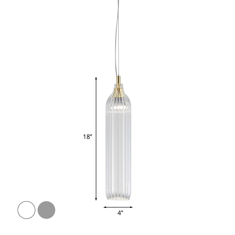 Cylinder Hanging Lighting Vintage Clear/Light Grey Ribbed Glass 1 Light Dining Room LED Pendant Lamp Clearhalo 'Ceiling Lights' 'Close To Ceiling Lights' 'Glass shade' 'Glass' 'Modern Pendants' 'Modern' 'Pendant Lights' 'Pendants' Lighting' 756982